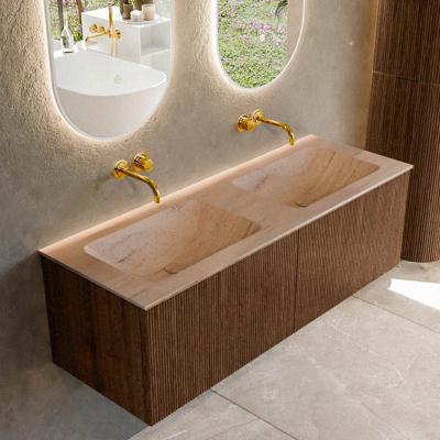 Badmeubel Mondiaz Kurve-Dlux | 130 cm | Meubelkleur Walnut | Wastafelkleur Saba | Solid surface | Wasbak beide zijden spoelbak | Zonder kraangat(en)
