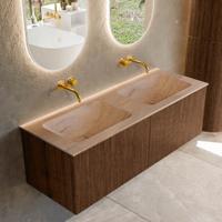 Badmeubel Mondiaz Kurve-Dlux | 130 cm | Meubelkleur Walnut | Wastafelkleur Saba | Solid surface | Wasbak beide zijden spoelbak | Zonder kraangat(en)
