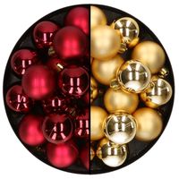 32x stuks kunststof kerstballen mix van donkerrood en goud 4 cm   -