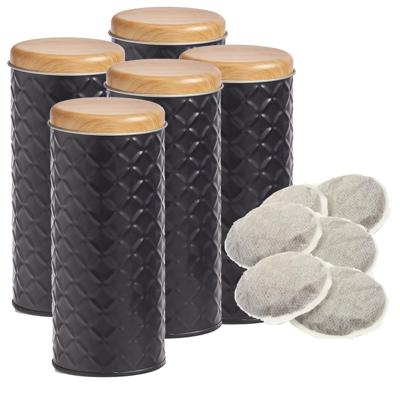 Bewaarblik voor koffiepads - 5x - zwart - metaal - 7,5 x 18 cm - 680 ml - voorraadpot