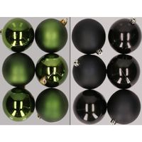 12x stuks kunststof kerstballen mix van donkergroen en zwart 8 cm