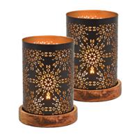 Windlicht/kaarsenhouder Marrakesh - Set van 2x stuks - metaal/hout - zwart/goud - 10 x 18 cm