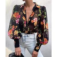 Dames Overhemd Blouse Chiffon Bloemig nappi Afdrukken Dagelijks Casual Lange mouw Overhemdkraag Zwart Lente zomer Lightinthebox