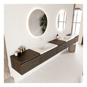 Mondiaz Bukla 340cm badmeubel met module 60 dark brown 5 lades met wastafel dubbel zonder kraangat kleur talc