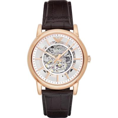 Emporio Armani Heren klassieke bruine lederen skelet wijzerplaat dress horloge AR1983