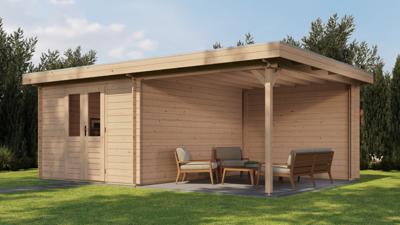 Lugarde Select Blokhut met overkapping Tiel 300x400cm + 300cm - Onbehandeld- Plat dak- - Lugarde Select