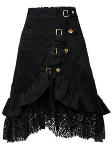 Decorative Lace Flounce Decorative Hardware Plain Flared Midi Skirt