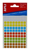 Apli ronde etiketten in etui diameter 8 mm, geassorteerde kleuren, 288 stuks, 96 per blad (2092)