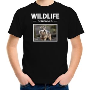 Wolf t-shirt met dieren foto wildlife of the world zwart voor kinderen