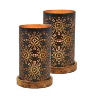 Windlicht/kaarsenhouder - Set van 2x stuks - zwart/goud - metaal - hout - 13 x 22 cm