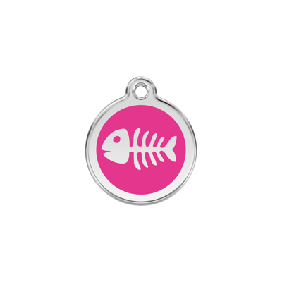 Fish Skeletton Hot Pink roestvrijstalen hondenpenning small/klein dia. 2 cm - Reddingo