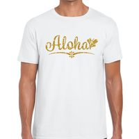 Aloha goud glitter hawaii t-shirt wit heren - thumbnail