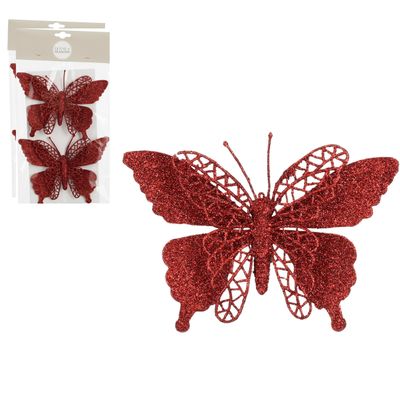 Kerstboomversiering vlinders op clip - 4x st - rood - 16 cm - kunststof