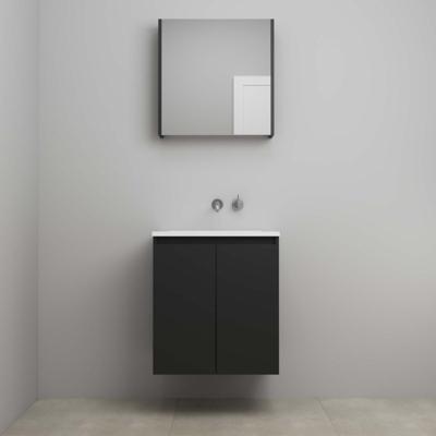 On-Line Badkamermeubelset - 60 cm - Voorgemonteerd - Greeploos 2 Deuren - Acryl Wastafel - zonder Kraangat - Spiegelkast - Mat Zwart