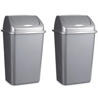 Plasticforte afvalemmers / vuilnisemmers - 2x stuks - zilver - 50 liter - met klapdeksel