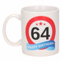 64 jaar Verjaardag koffiemok - cadeau beker - stopbord print - 300 ml - keramiek - wit