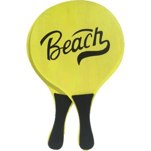 Gebro beachball set - neon geel - hout - 35 x 20 cm - strandspelletje - tennis