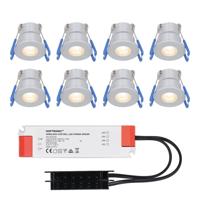 Set van 8 Milano LED Mini Inbouwspots met trafo - 12 Volt 3 Watt 200 lumen - Plat 34mm - 2700K - IP65 waterdicht - Grijs