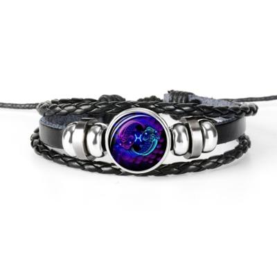 12 sterrenbeeld zwart gevlochten lederen glazen koepel Punk mannen Bracelet(Pisces)