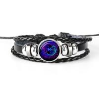 12 sterrenbeeld zwart gevlochten lederen glazen koepel Punk mannen Bracelet(Pisces)