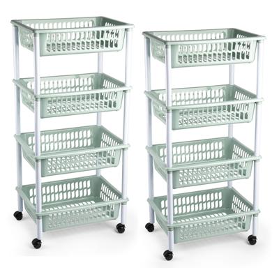 Plasticforte opberg trolley - roltafel - met 4 manden - groen - set 2x stuks - 40 x 50 x 85 cm