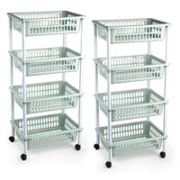Plasticforte opberg trolley - roltafel - met 4 manden - groen - set 2x stuks - 40 x 50 x 85 cm