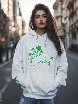 Bon&Bon Women's St. Patrick's Day Clover Hoodie - Loose Fit Sweatshirt Grey / L