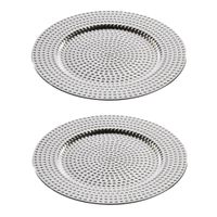 2x stuks diner borden/onderborden zilver met steentjes 33 cm