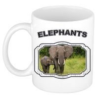 Dieren olifant met kalf beker - elephants/ olifanten mok wit 300 ml     -