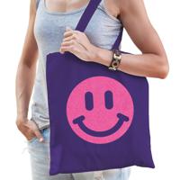 Cadeau tas voor dames - glitter smiley - paars - katoen - 42 x 38 cm - Moederdag - verjaardag