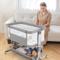 3-In-1 Bijzetbed Reisbed Baby met Matras Babybed 6 Vakken in Hoogte Verstelbaar met Opbergmand en Draagtas Grijs
