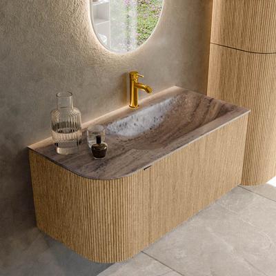 Badmeubel Mondiaz Kurve-Dlux | 95 cm | Meubelkleur Oak | Wastafelkleur Oza | Solid surface | Wasbak rechter zijde spoelbak | 1 kraangat