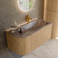 Badmeubel Mondiaz Kurve-Dlux | 95 cm | Meubelkleur Oak | Wastafelkleur Oza | Solid surface | Wasbak rechter zijde spoelbak | 1 kraangat