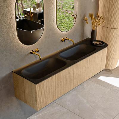 Mondiaz KURVE 165 cm Onderkast Greeploos 2 Lades Met Deuren Oak, Wastafel Solid Surface Links Urban 0 Kraangaten Zonder Spiegel (KRVBGS165R2L1D0KD-Oak/Urb)