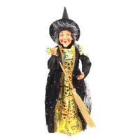 Halloween decoratie heksen pop - staand - 42 cm - zwart/geel - thumbnail
