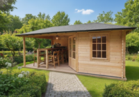 Tuindeco Jannie hoekblokhut 300x300 cm + zijluifel 275 cm - vuren blank incl. dakshingles, antraciet goot (driezijdig) en composiet funderingsbalken, excl. vlonder - Showmodel- Puntdak- Blank vurenhout- Tuindeco