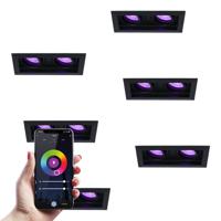 Set van 6 Durham Dubbel smart inbouwspots Vierkant - Wifi + Bluetooth - RGBWW - GU10 11 Watt 670 Lumen - Kantelbaar - Google Home, Amazon Alexa en Siri - Zwart