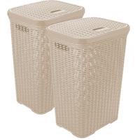 Wasmand met deksel Rotan - 2x - beige - gevlochten kunststof - 60 liter - 34 x 43 x 62 cm