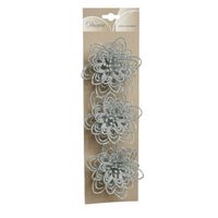 3x stuks decoratie bloemen zilver glitter op clip 11 cm