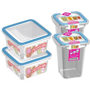 4x Voedsel plastic bewaarbakjes 0,75 en 1,5 liter transparant/blauw - Vershoudbakjes