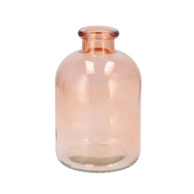 Bloemenvaas fles model - helder gekleurd glas - perzik roze - D11 x H17 cm