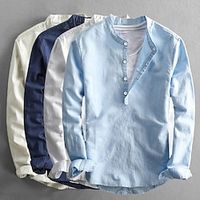 Voor heren Popover-shirt Zomer overhemd Strand Kleding Normaal shirt Overhemd met bandkraag Wit Donkerblauw Licht Luchtblauw Beige Lange mouw Effen Kraag Lente zomer Casual Dagelijks Kleding Lightinthebox - thumbnail