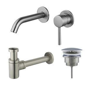 Fortifura Calvi Slim Wastafelkraanset - inbouw wastafelkraan - always open plug - verlaagde design sifon - Geborsteld RVS PVD (RVS) SW377860/SW696207/SW696217
