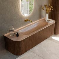 Badmeubel Mondiaz Kurve-Dlux | 160 cm | Meubelkleur Walnut | Wastafelkleur Saba | Solid surface | Wasbak midden spoelbak | Zonder kraangat(en)