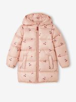 Lange en lichte donsjas met kersenprint voor meisjes roze bedrukt - thumbnail