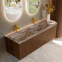 Badmeubel Mondiaz Kurve-Dlux | 145 cm | Meubelkleur Walnut | Wastafelkleur Sombra | Solid surface | Dubbel / Links spoelbak | 2 kraangaten