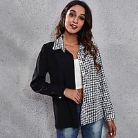 Dames Blouse Overhemd Effen Pied-de-poule Lapwerk nappi Afdrukken Overhemdkraag Casual Streetwear Tops Zwart Lightinthebox - thumbnail