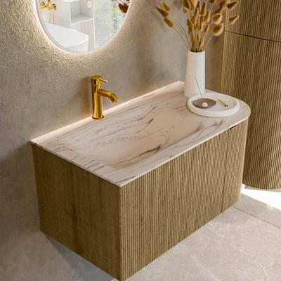 Badmeubel Mondiaz Kurve-Dlux | 85 cm | Meubelkleur Dusk | Wastafelkleur Nata | Solid surface | Wasbak linker zijde spoelbak | 1 kraangat