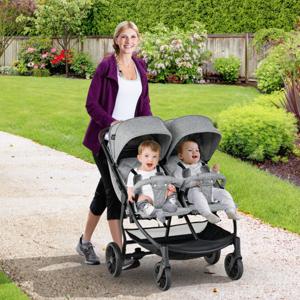 Opvouwbare Dubbele Kinderwagen Kinderwagen met Individuele Rugleuning Verstelbare Rugleuning Voetsteun en Luifel Grijs