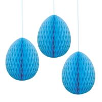 Pasen thema versiering - 3x - papier - hangend paasei van 20 cm aan koord - blauw